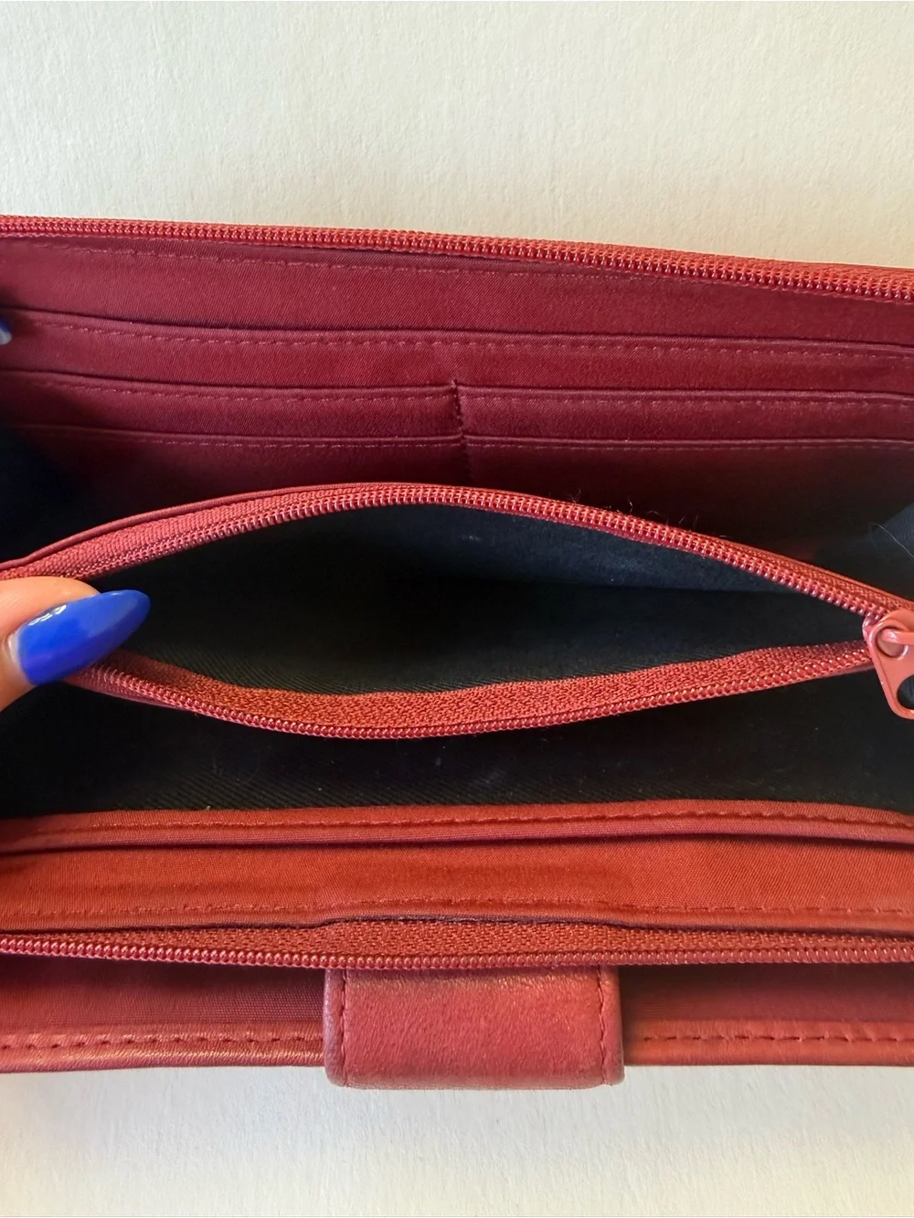 Vintage Deep Red Leather Zip-Around Wallet with Lots of Pockets.